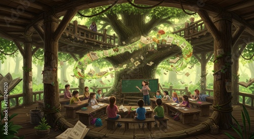 People dining in a treehouse restaurant.