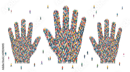 Crowd forming hand shapes. People gathering to create human hand silhouettes.