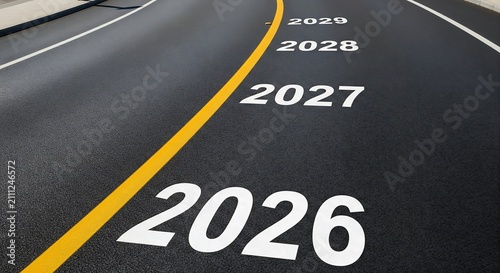 Years 2026 to 2029 painted on a black asphalt road