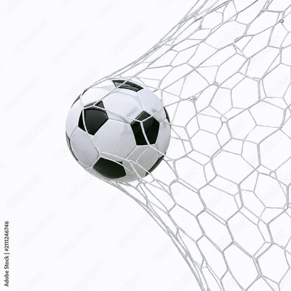 Fototapeta premium Soccer ball hitting the goal net. Scoring a goal in a professional football match.