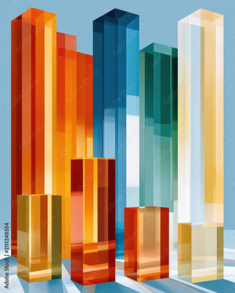 Fototapeta premium Colorful abstract vertical glass towers resembling a modern city skyline for business and design