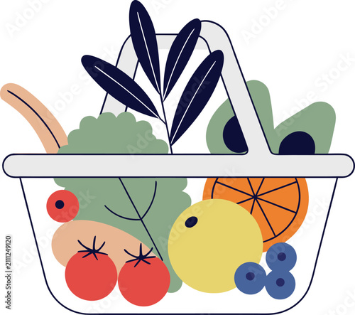 Minimalist Vector of Fresh Groceries in a Shopping Basket