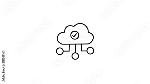 Animated black cloud computing network icon with check mark on dark white background for verified data server hosting storage and cyber UI UX