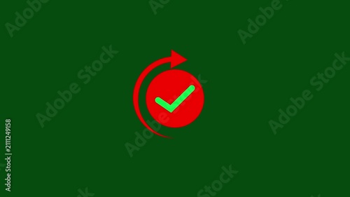 Animated red check mark circle icon with rotating arrow on green background for sync complete update success refresh done UI UX design