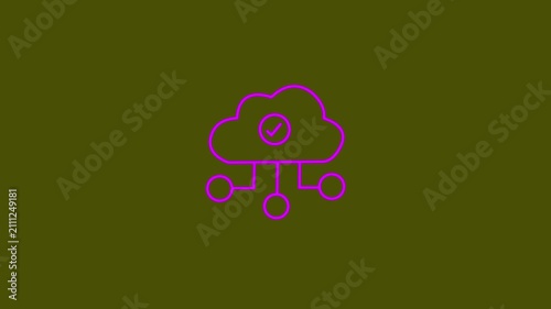 Animated pink cloud computing network icon with check mark on dark yellow background for verified data server hosting storage and cyber UI UX