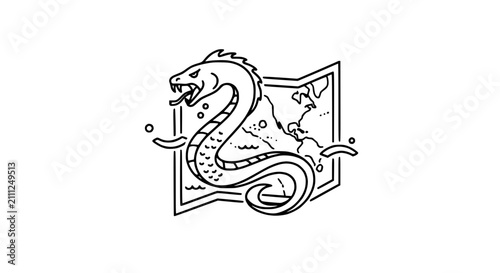 Fotografie Sea Serpent Mythical Creature on Vintage Nautical World Map Vector Illustration