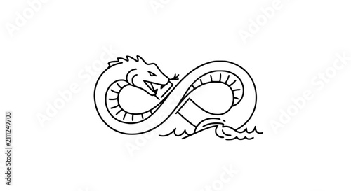Sea Serpent Dragon Forming Infinity Symbol in Ocean Waves Line Art Illustration