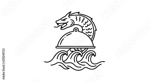 Obraz na płótnie Sea Serpent and Restaurant Cloche Line Art Illustration over Ocean Waves