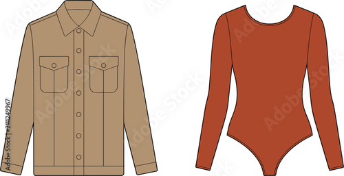 Women fashion clothing vector set, beige utility shirt jacket brown long bodysuit