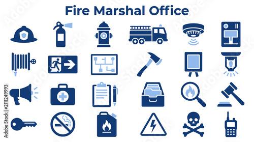 Tableau sur toile Set of fire marshal office icons featuring safety equipment emergency tools and