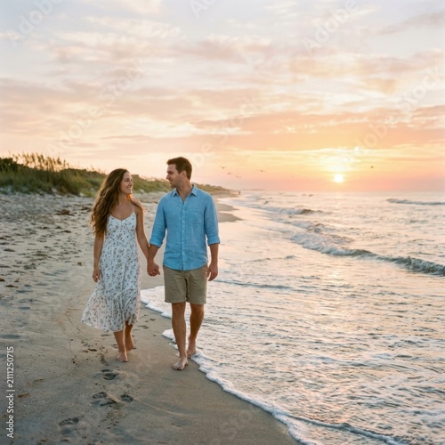 Couple Walking Along Shoreline at Sunset on Sandy Beach