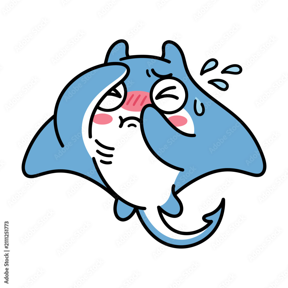 Naklejka premium Cute cartoon stingray with blushing cheeks and closed eyes.