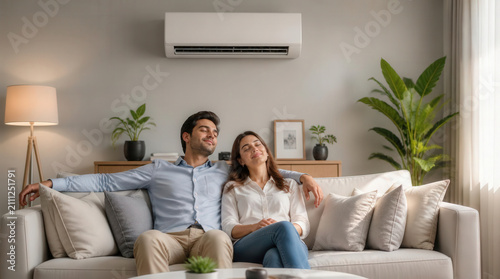 A couple relaxes on a sofa under air conditioning in a cozy, warm-toned living room photo.