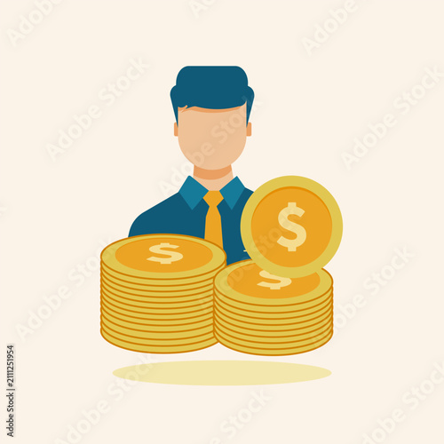 Professional businessman behind stacks of gold dollar coins representing financial success