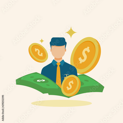 Professional man earning money with floating dollar coins and green cash for profit concept