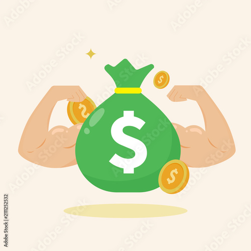 Green dollar money bag with muscular arms flexing representing financial strength and wealth