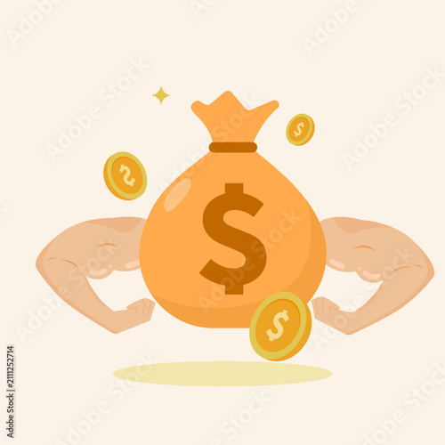 Strong dollar money bag with muscular arms symbolizing financial power and economic success