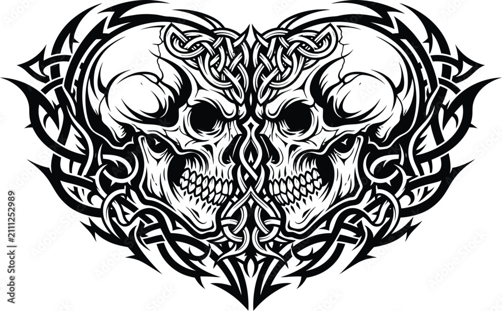 Fototapeta premium Skulls intertwined with intricate Celtic knotwork patterns form a symmetrical heart shape design.