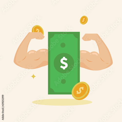Financial power concept featuring a green dollar bill flexing muscular arms with golden coins