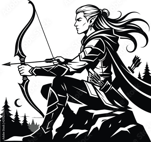 Elf warrior draws a bowstring while perched on a dark cliffside under a crescent moon in a stylized black and white drawing.