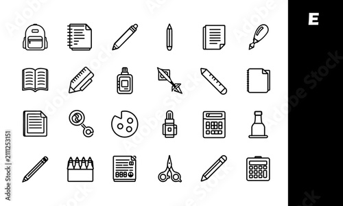 Education Line Icons Set - School Stationery Outline Vector Collection