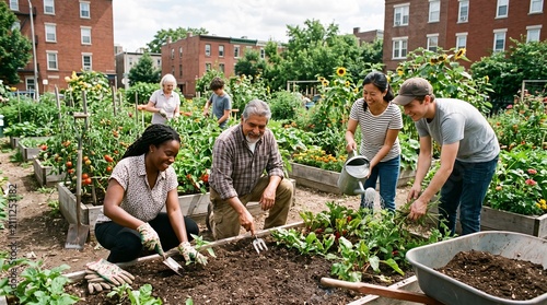A diverse group of neighbors working together in a sunny urban community garden surrounded by apartment buildings.