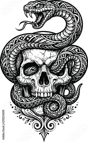 Snake wrapped around a human skull depicts a macabre gothic symbol in this detailed black and white illustration.