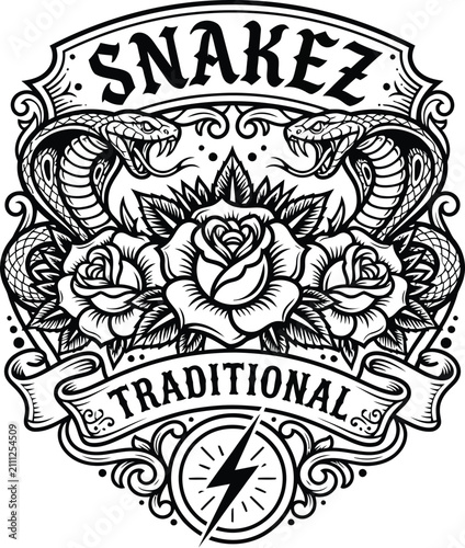 Snakes and roses graphic illustration features a traditional tattoo style design with a central floral arrangement and a lightning bolt icon below.