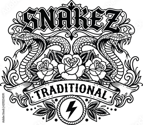 Snakez text rests above a pair of coiled serpents and blooming roses in a traditional tattoo style.