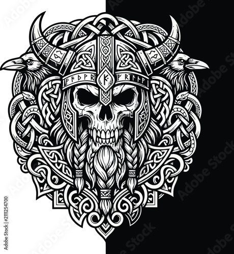 Viking skull adorned with a horned helmet and intricate Celtic knotwork sits between two ravens.