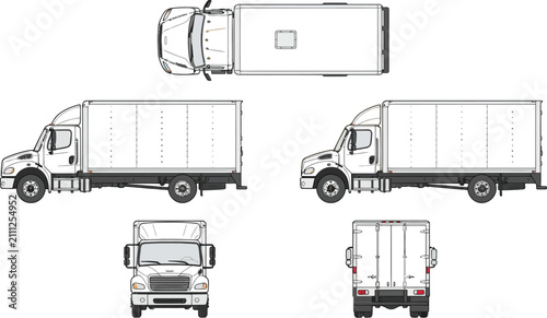 Delivery truck is displayed from four different orthographic projections for technical design and branding purposes.
