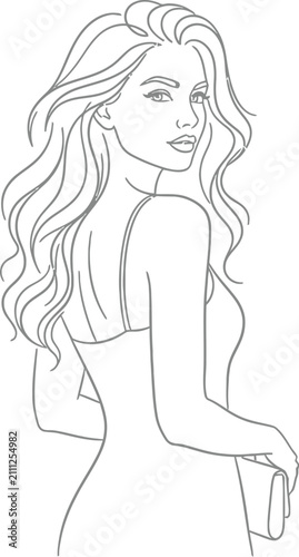 Woman stands with her back turned while wearing an elegant evening dress in this minimalist line art sketch.