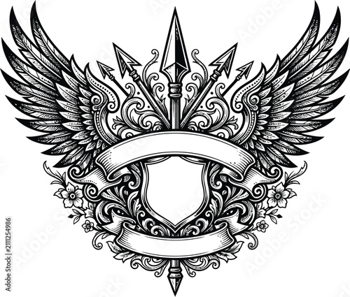 Shield is positioned between decorative wings and sharp spears in a symmetrical crest design with blank banners.