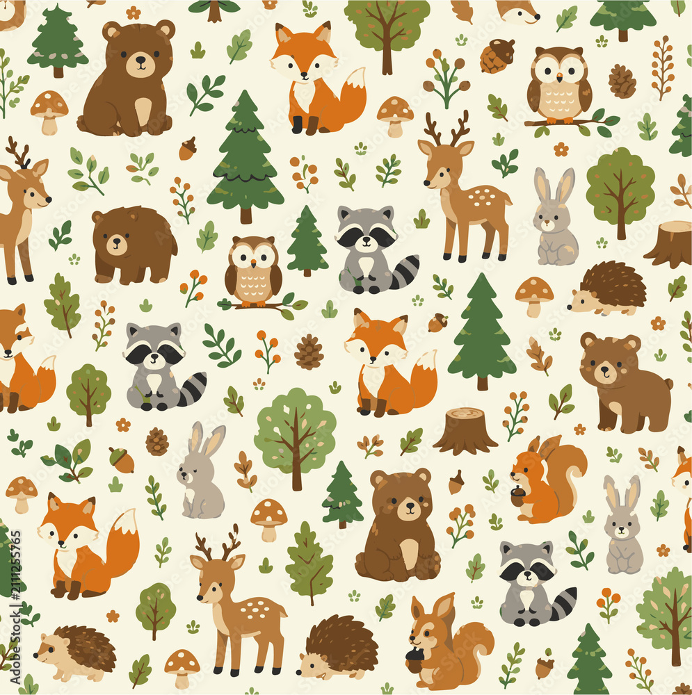 Obraz premium pattern seamless forest animals for baby, kids, template, layout, wallpaper, background
