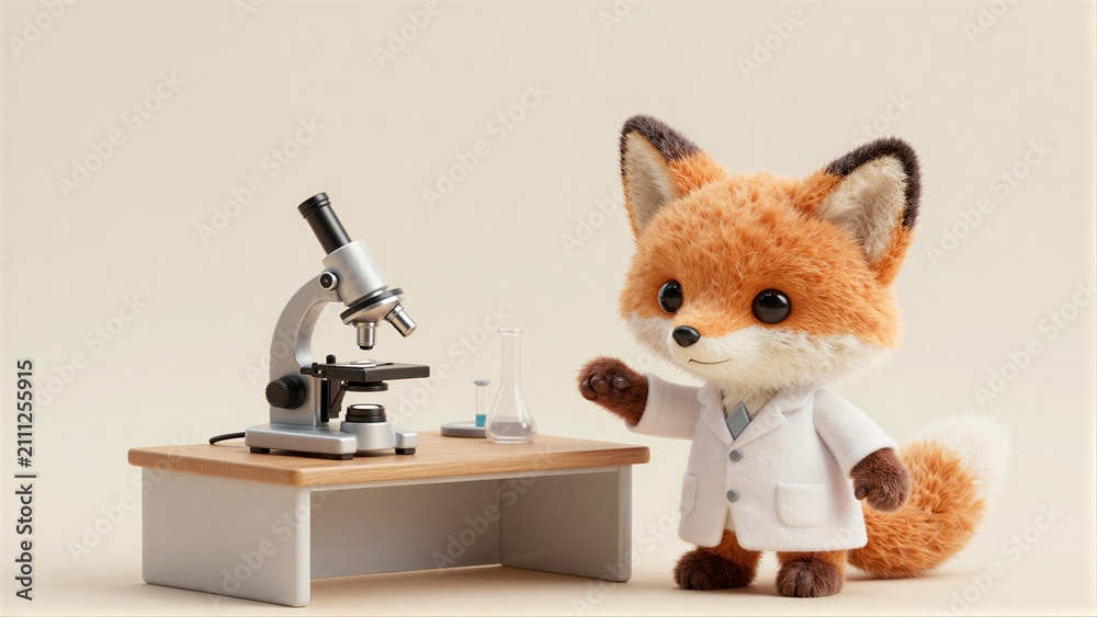 Fototapeta premium A cute fox in a lab coat stands beside a microscope and beakers.