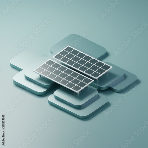 Realistic Coastal Solar Power Plant Aerial View: Dark Blue Panels and Shallow Ponds, Coastline Mountains Background, Modern Eco-Tech Atmosphere