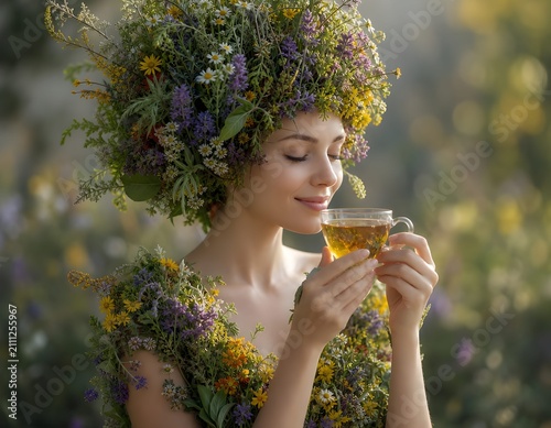 Benessere, salute fisica e mentale: dieta vegetariana: giovane donna che assapora una tisana con erbe officinali  fiori e naturali