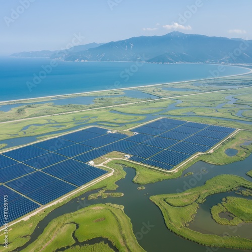 Realistic Coastal Solar Power Plant Aerial View: Dark Blue Panels and Shallow Ponds, Coastline Mountains Background, Modern Eco-Tech Atmosphere