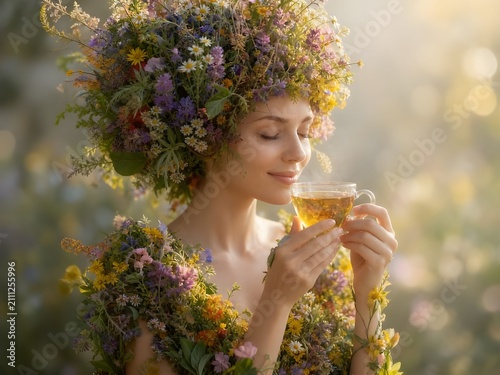 Benessere, salute fisica e mentale: dieta vegetariana: giovane donna che assapora una tisana con erbe officinali  fiori e naturali
