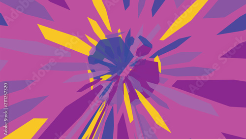 Fotografi Bursting explosion pattern with sharp elongated diamond and star shapes in purple and yellow hues radiating outward from a central focus point visual