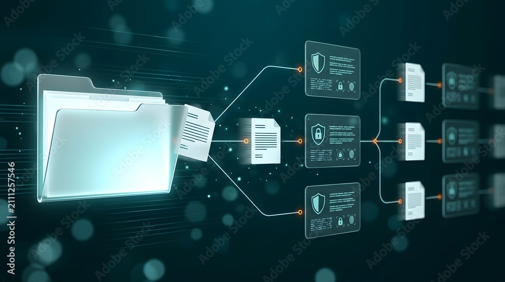 Fototapeta premium Digital Data Archiving And Document Management Workflow Transferring Files Into Secure Folder