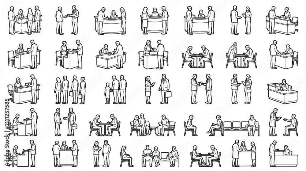 Fototapeta premium Reception Desk Office Customer Service Vector Line Drawing CAD Blocks Set 