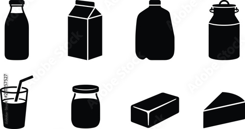 Bild auf Leinwand Vector Milk and Dairy Products Silhouette Icons Set Featuring Bottle, Carton, Ju