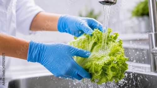 A person in blue gloves washes fresh lettuce under running water in a kitchen sink, highlighting food preparation and hygiene.