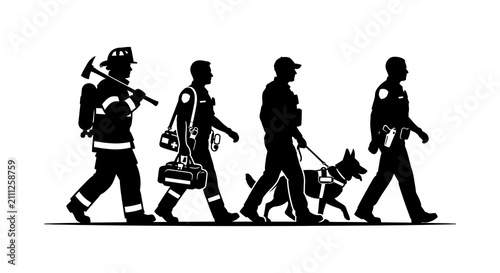 фотографія Emergency Responders Walking Forward Black Silhouette services first
