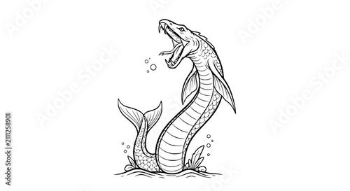 Obraz na płótnie Ferocious Mythical Sea Serpent Monster Emerging from Ocean Waves Line Art Illust