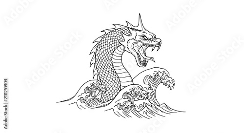 Tableau sur toile Giant sea dragon monster emerging from stormy ocean waves line art illustration