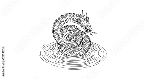 Hand Drawn Mythical Dragon Coiled in Water Ripples Vector Illustration