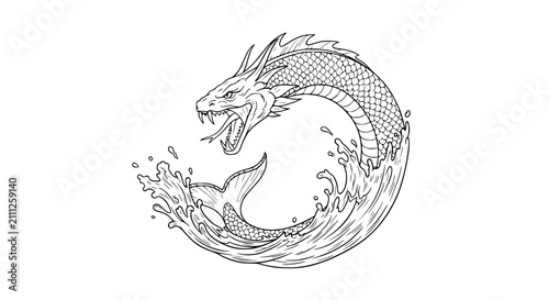 Fotografía Fierce Mythical Sea Dragon Emerging From Ocean Waves Line Art Illustration