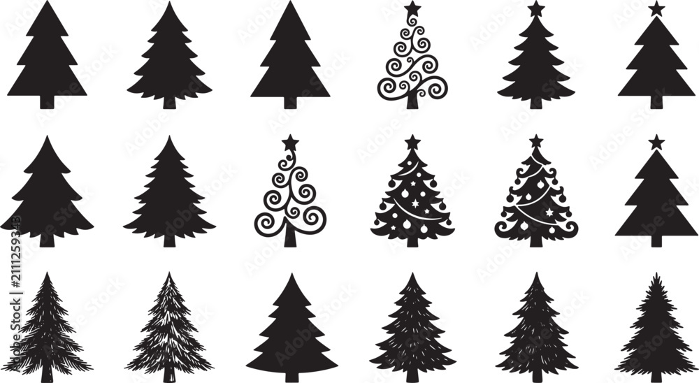Fototapeta premium Collection of black silhouette christmas tree icons featuring various decorative styles and shapes for holiday graphic design projects